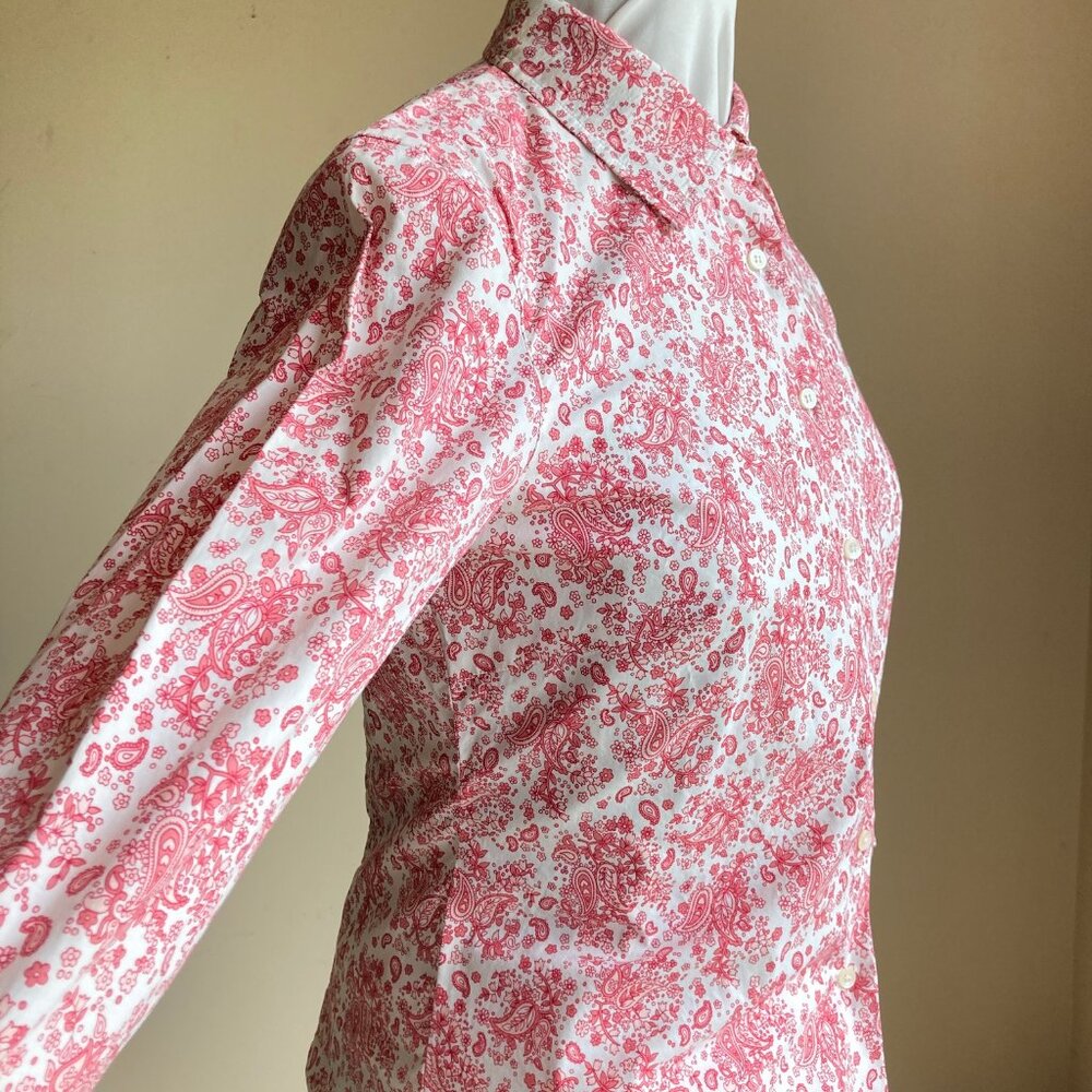 J. Crew Red White Paisley Stretch Cotton Form Fit Shirt Sz M 3/4 Cuffed Sleeve